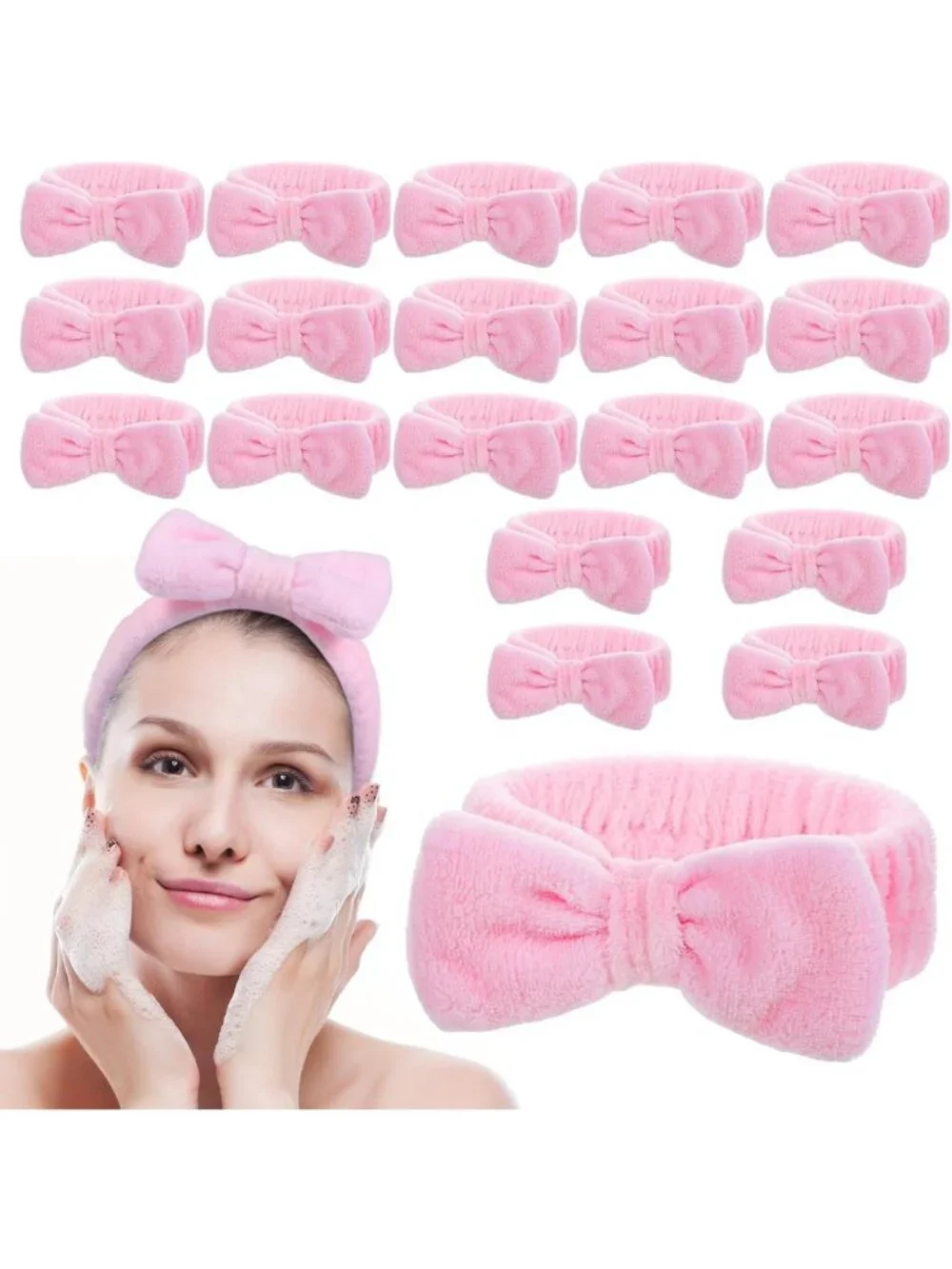 20 PCS Pink Spa Headbands for Women, Elastic Bowknot Hair Bands for Skincare